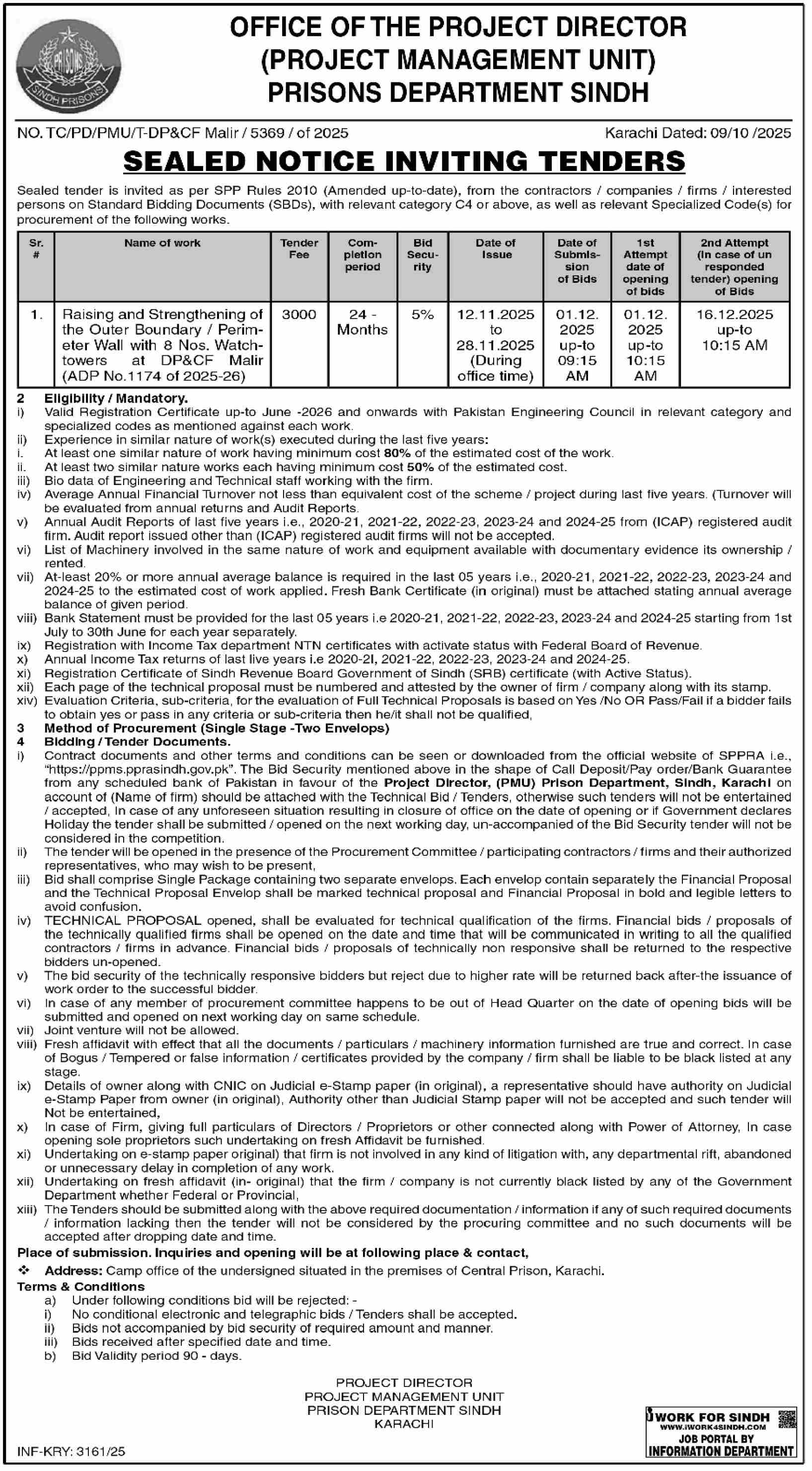 Prisons Department Sindh Tender Notice